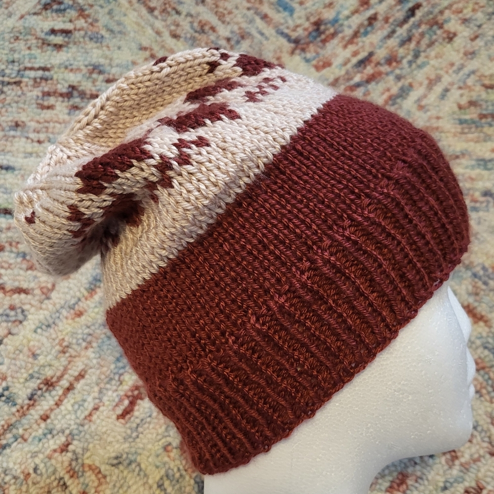 Handmade knit ribbed cuff beanie heart hat in blush and burgundy Kids size M - L - Picture 6 of 9